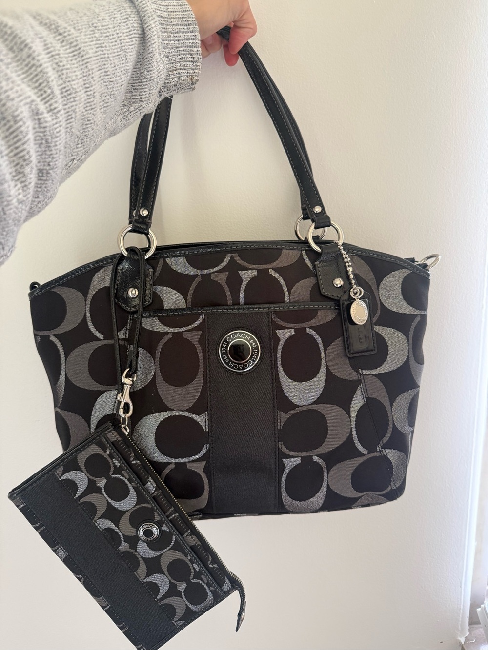 Coach Black and Gray Signature Tote with Detachable Wristlet